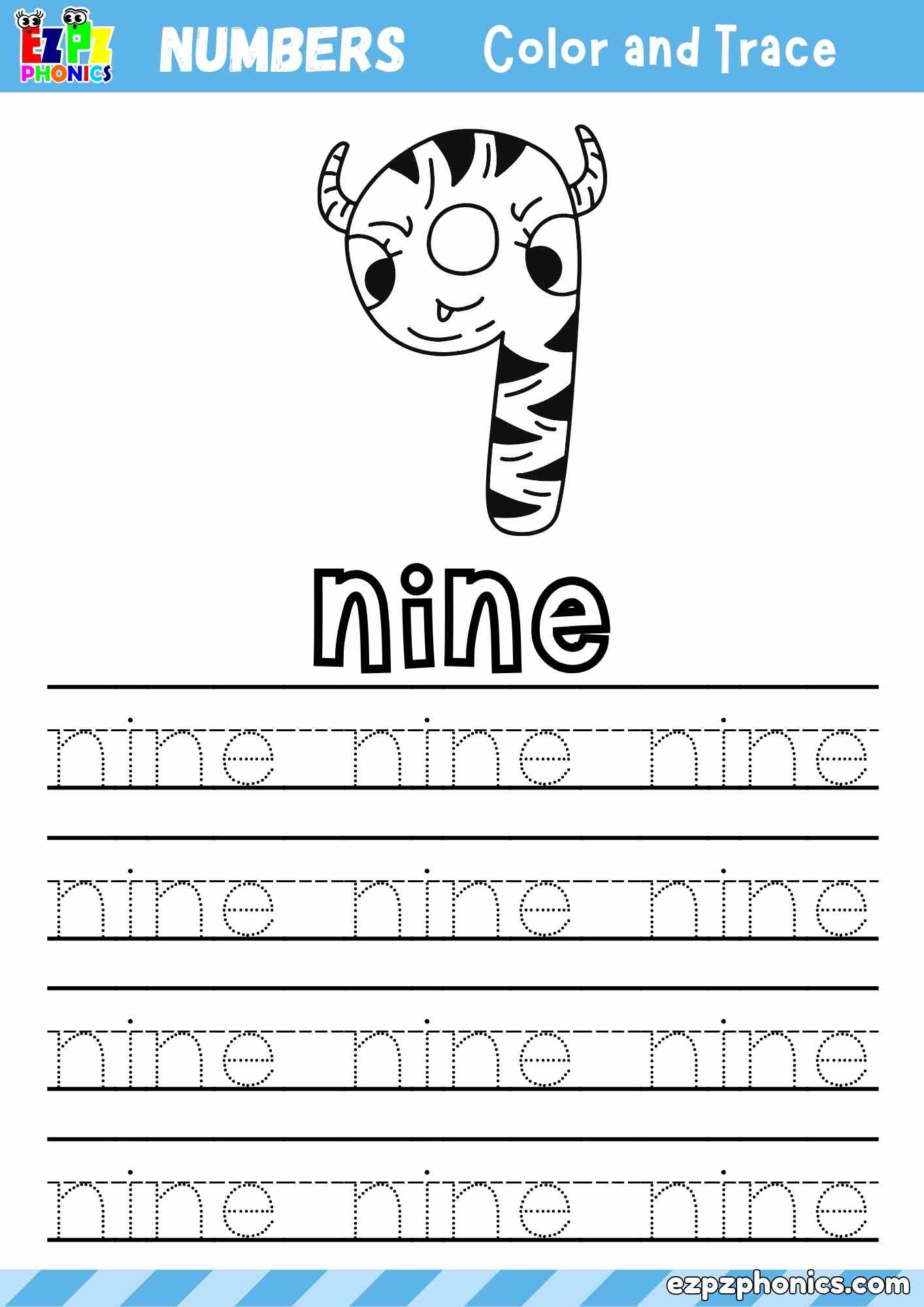 Number Nine Word Tracing Activity (Free PDF Download) 